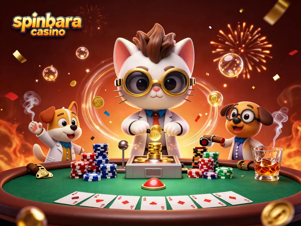 Experience the excitement of Spinbara Casino with this vibrant scene featuring a playful mad scientist cat and loyal dog.