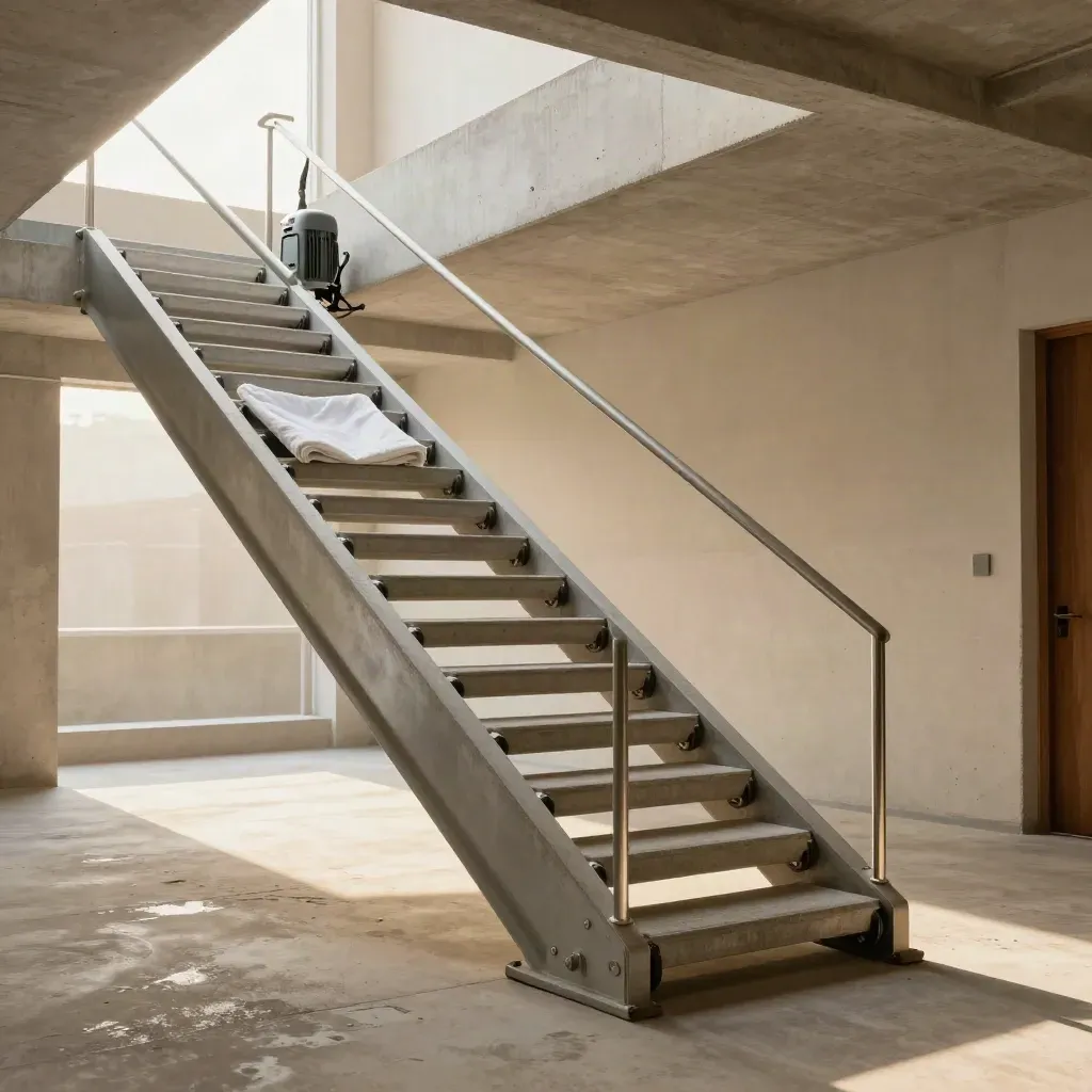 Salvaescaleras de obra apoyado en una escalera de hormigón, con rodillos y cantos protegidos.