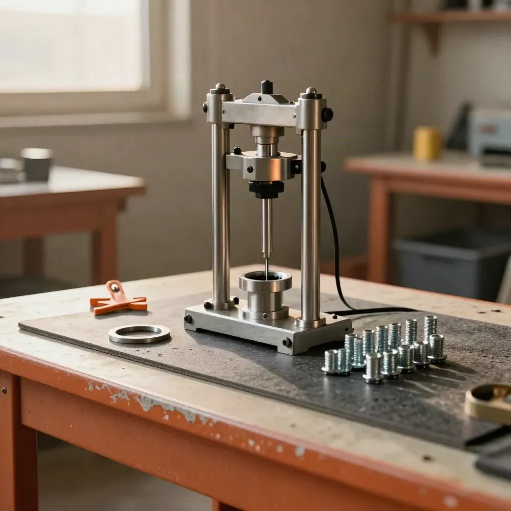 Kit de inspección de seguridad industrial sobre mesa de servicio, con prensa, bloque y herrajes.