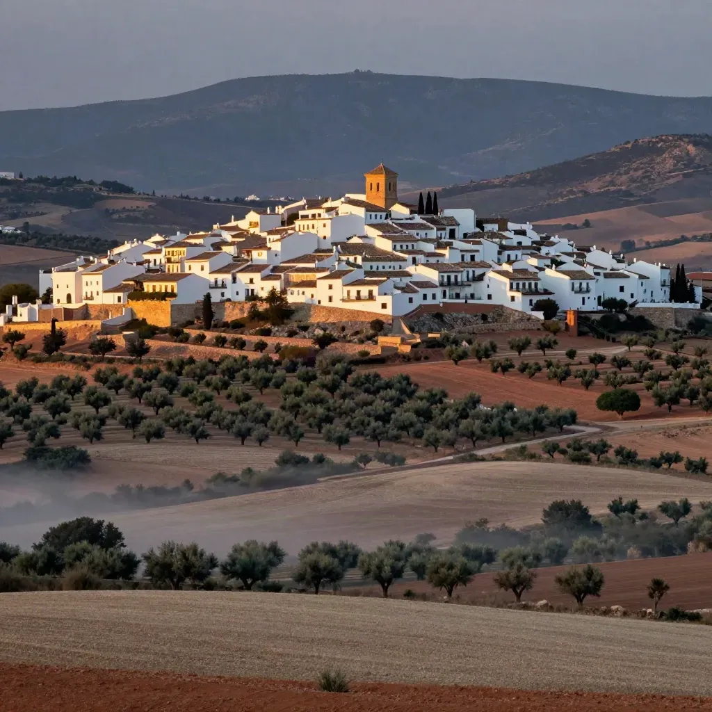 Pueblo blanco andaluz en ladera con olivos y sierra lejana al atardecer.