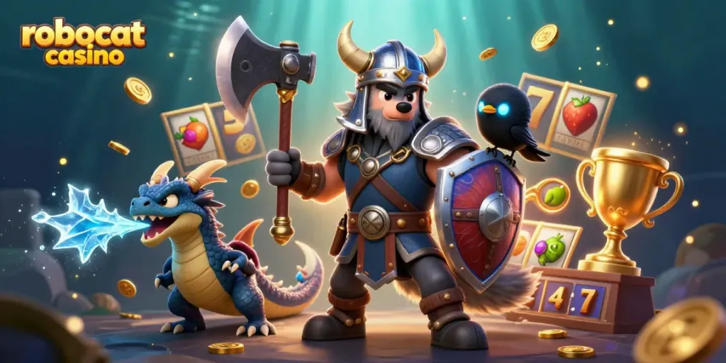 Experience exciting wins at robocat casino with a dynamic scene of Viking characters and captivating slot elements.